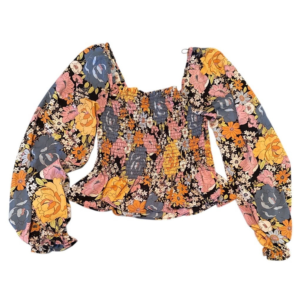 WAYF Women Floral Smocked Peplum Top Long Balloon Sleeve Square Neck Retro Small